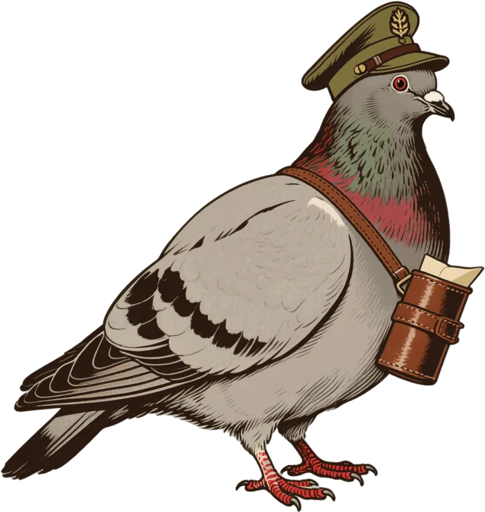 Pigeoneer mascot: a carrier pigeon in a dispatcher cap carrying a leather message capsule