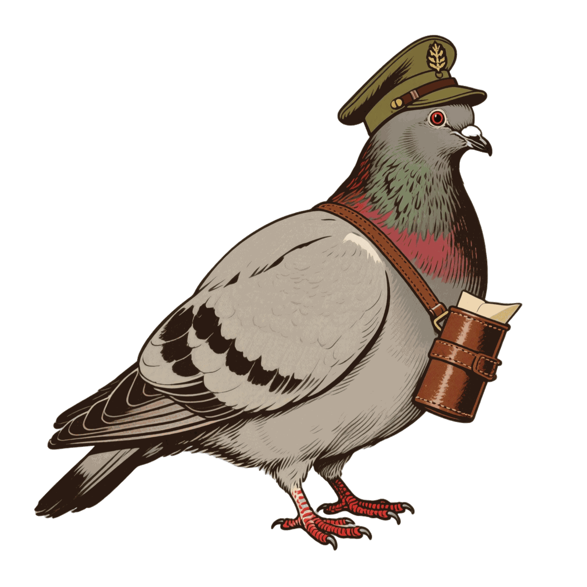 Pigeoneer mascot: a carrier pigeon in a dispatcher cap carrying a leather message capsule