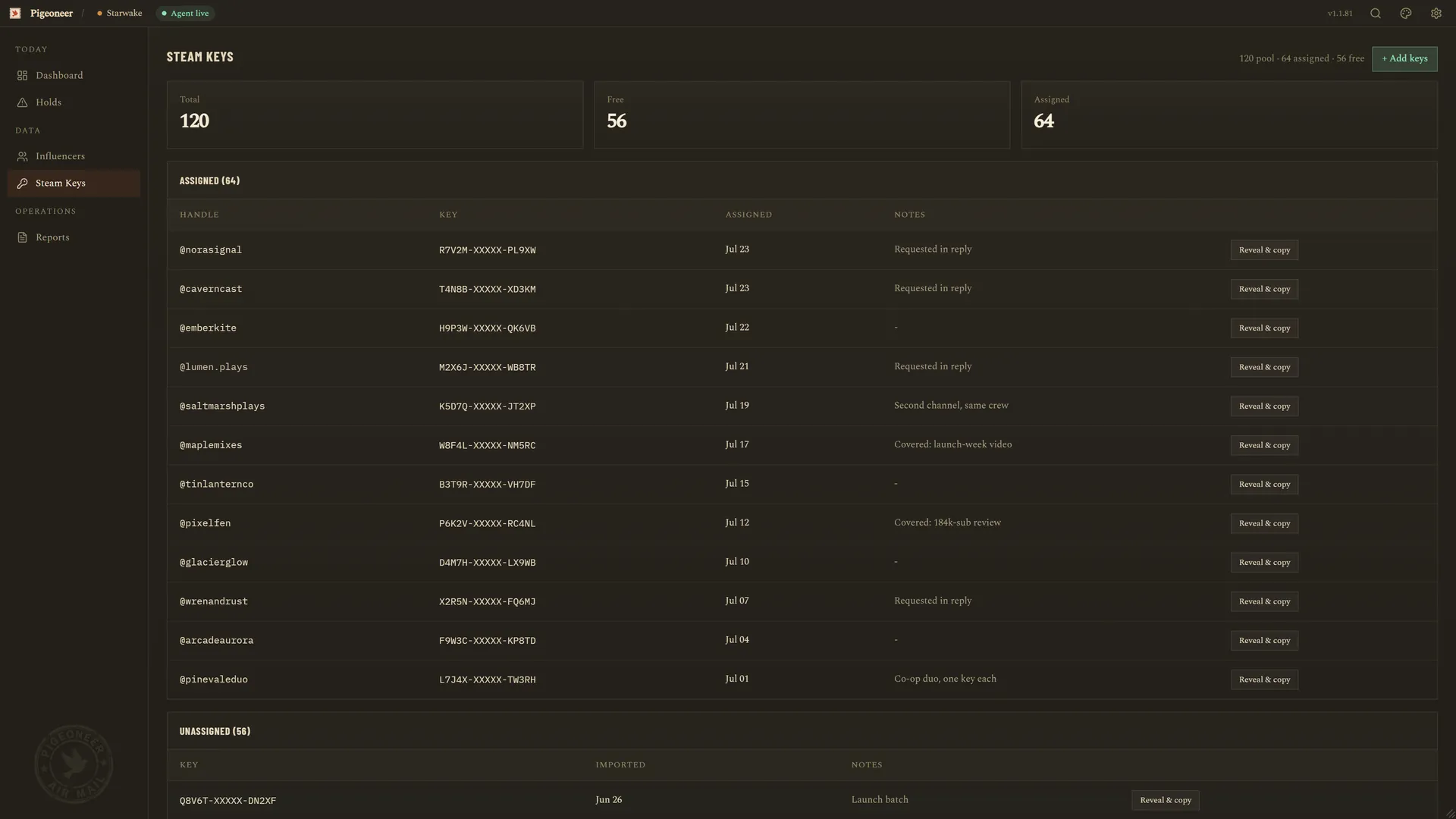 The Steam keys page: pool totals, and each assigned key masked, with who received it, when, and why