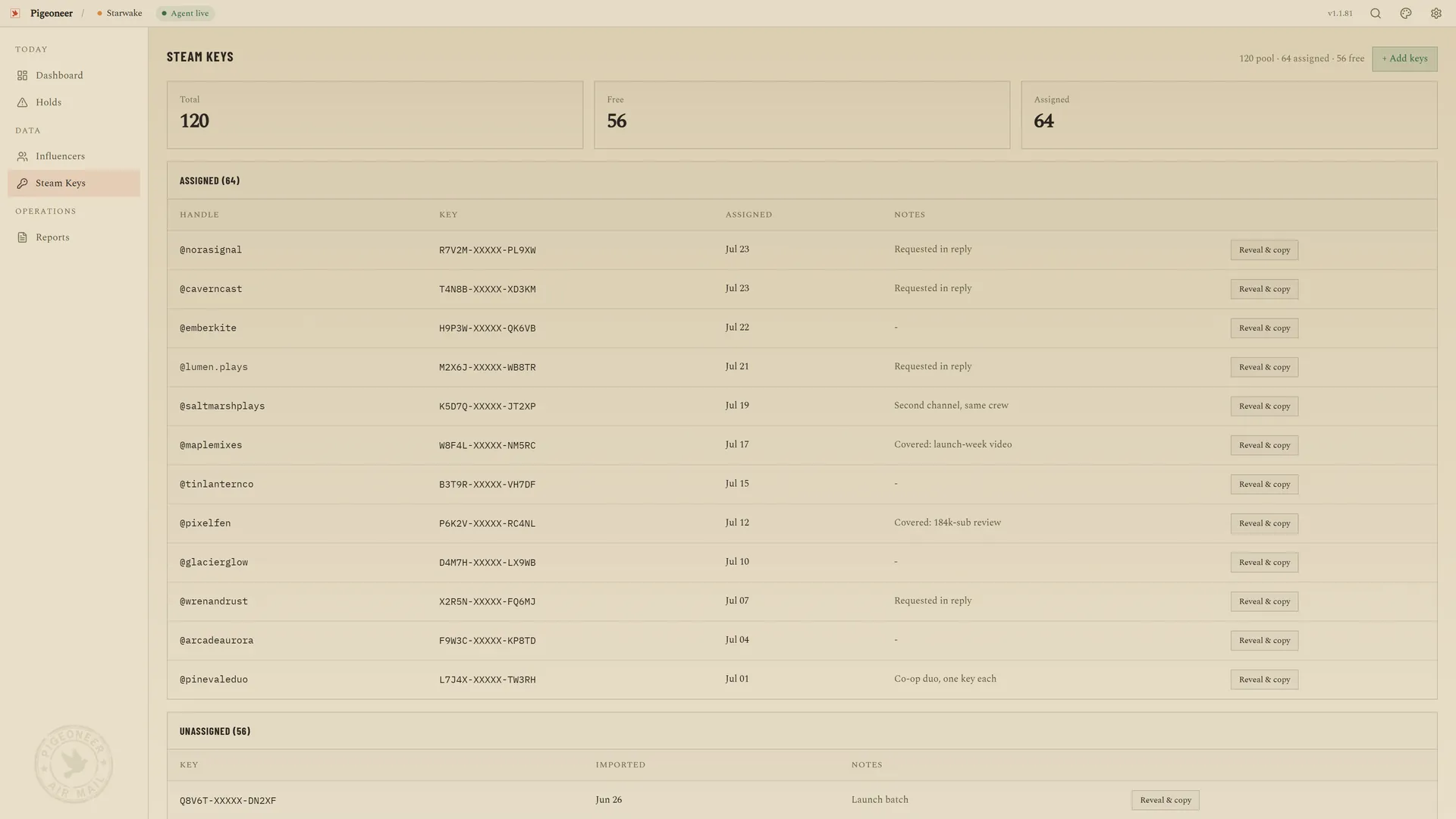 The Steam keys page: pool totals, and each assigned key masked, with who received it, when, and why