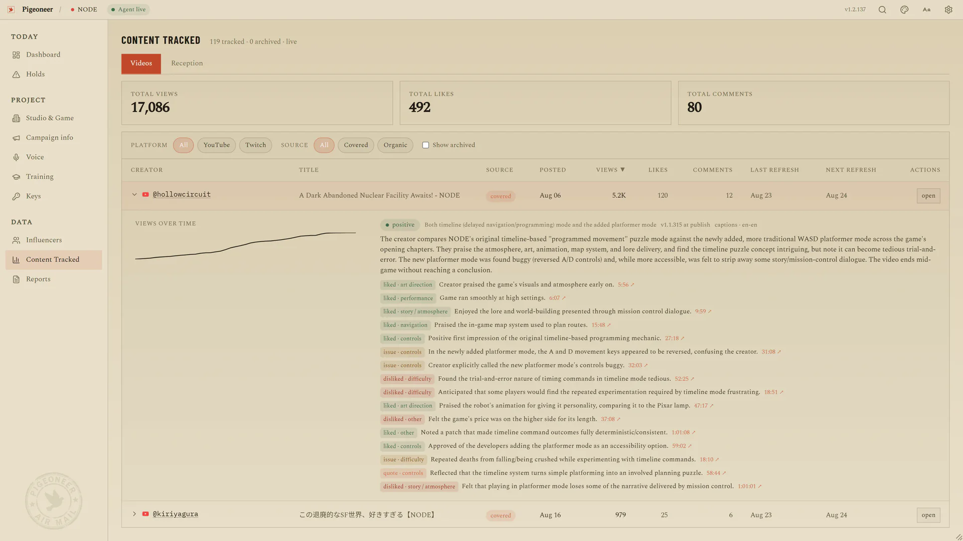 One tracked video opened up: the agent's summary of the playthrough, then a list of findings tagged liked, issue, disliked or quote, each with the timestamp it happened at